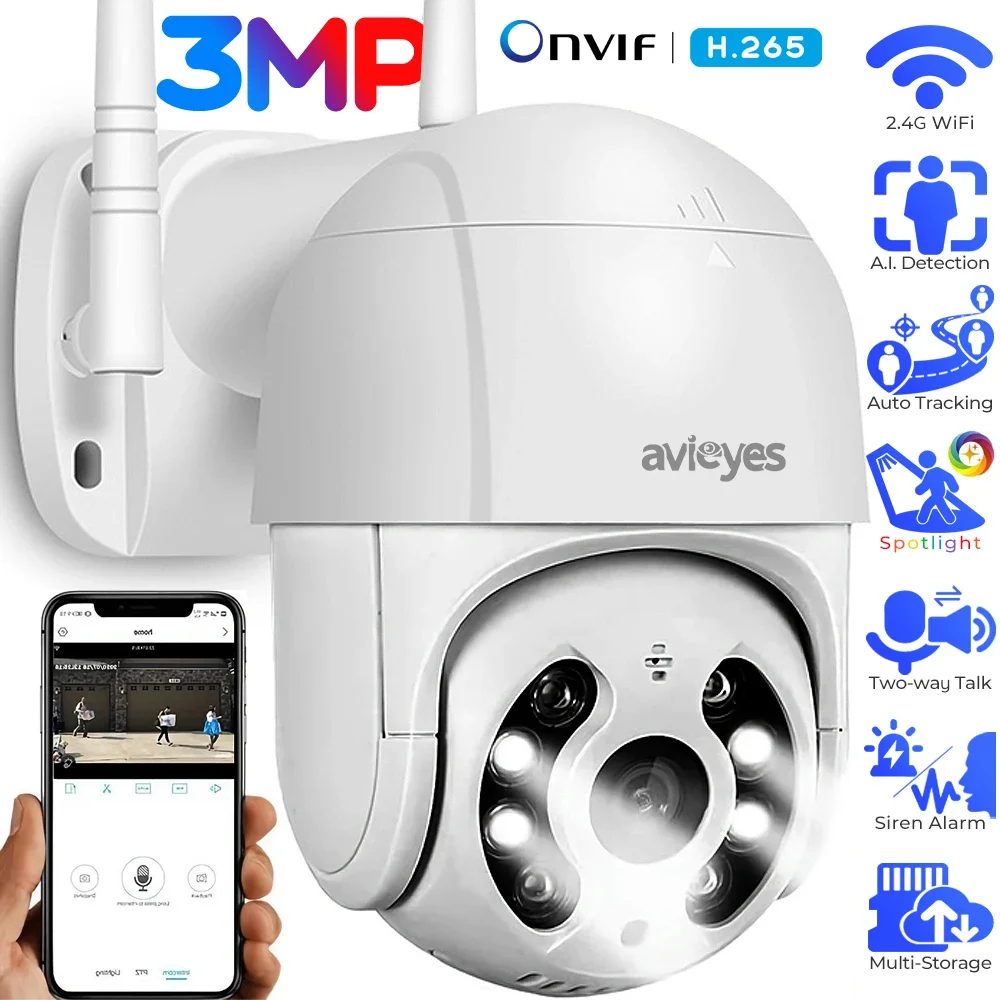 

3MP WiFi Security Camera Outdoor PTZ Auto Tracking Security Cameras Color Night Vision 2-way Talk Dome Surveillance Camera iCSee