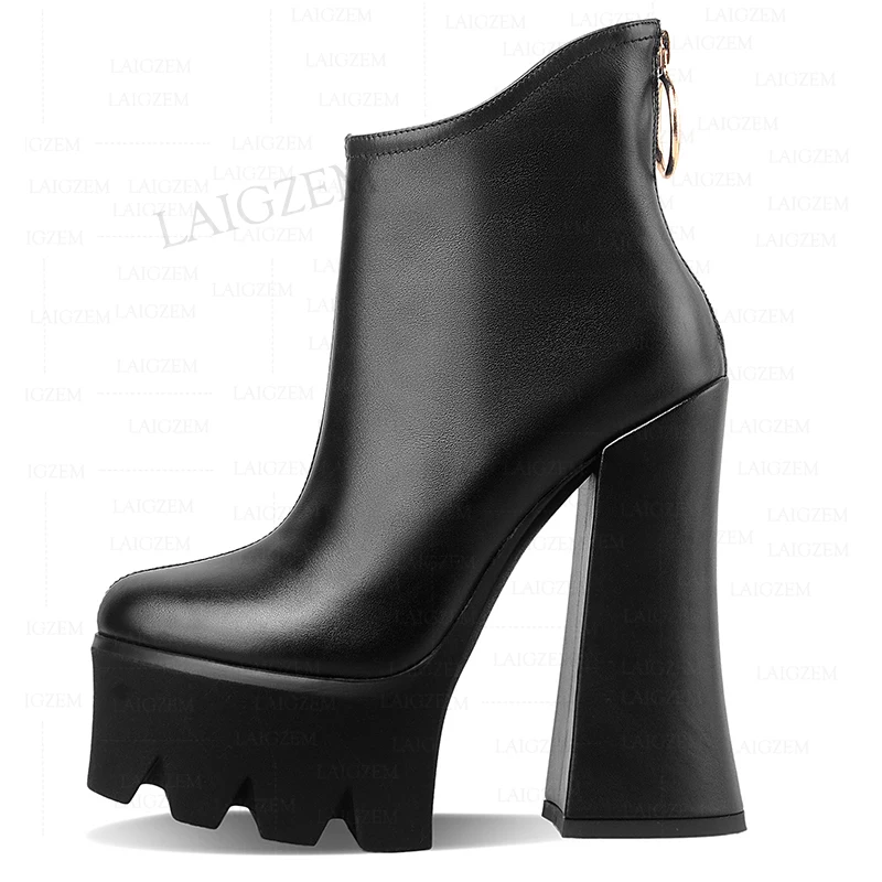 LAIGZEM SUPER Women Ankle Boots Real Leather/ Real Suede Back Zip Up Thick High Heels Short Booties Shoes Woman Size 33 35 37 39