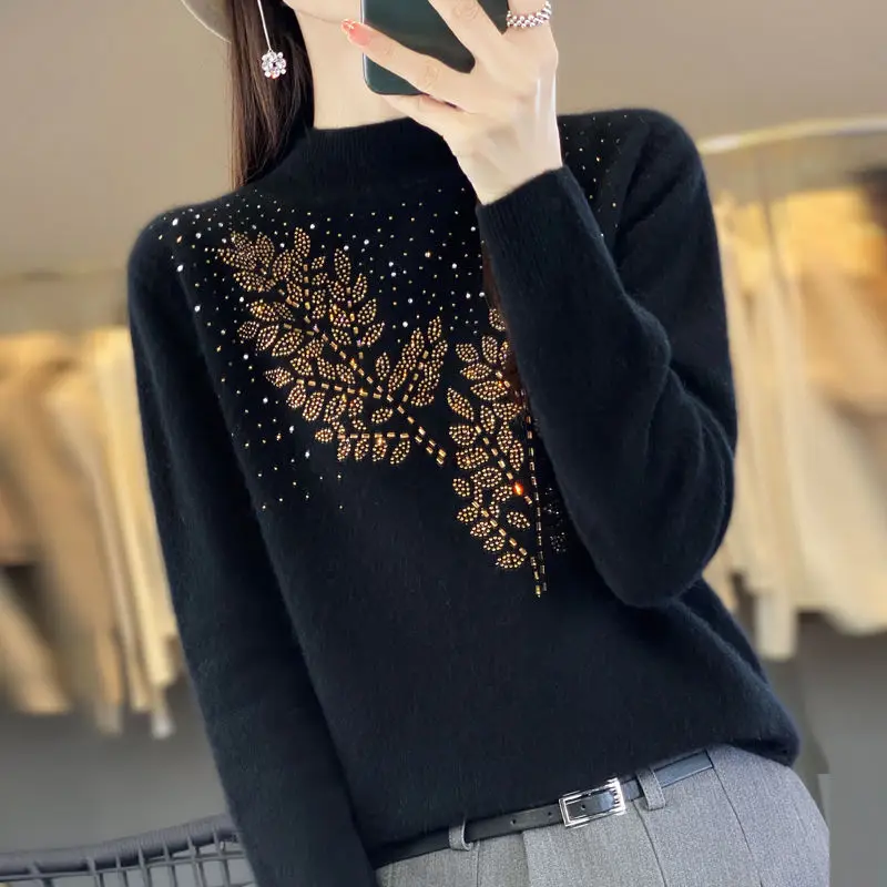 

New Diamond Drill Thickened Woolen Sweater Autumn and Winter Loose Knitted Bottom Sweater Women's New Jacquard Pullover LJ504