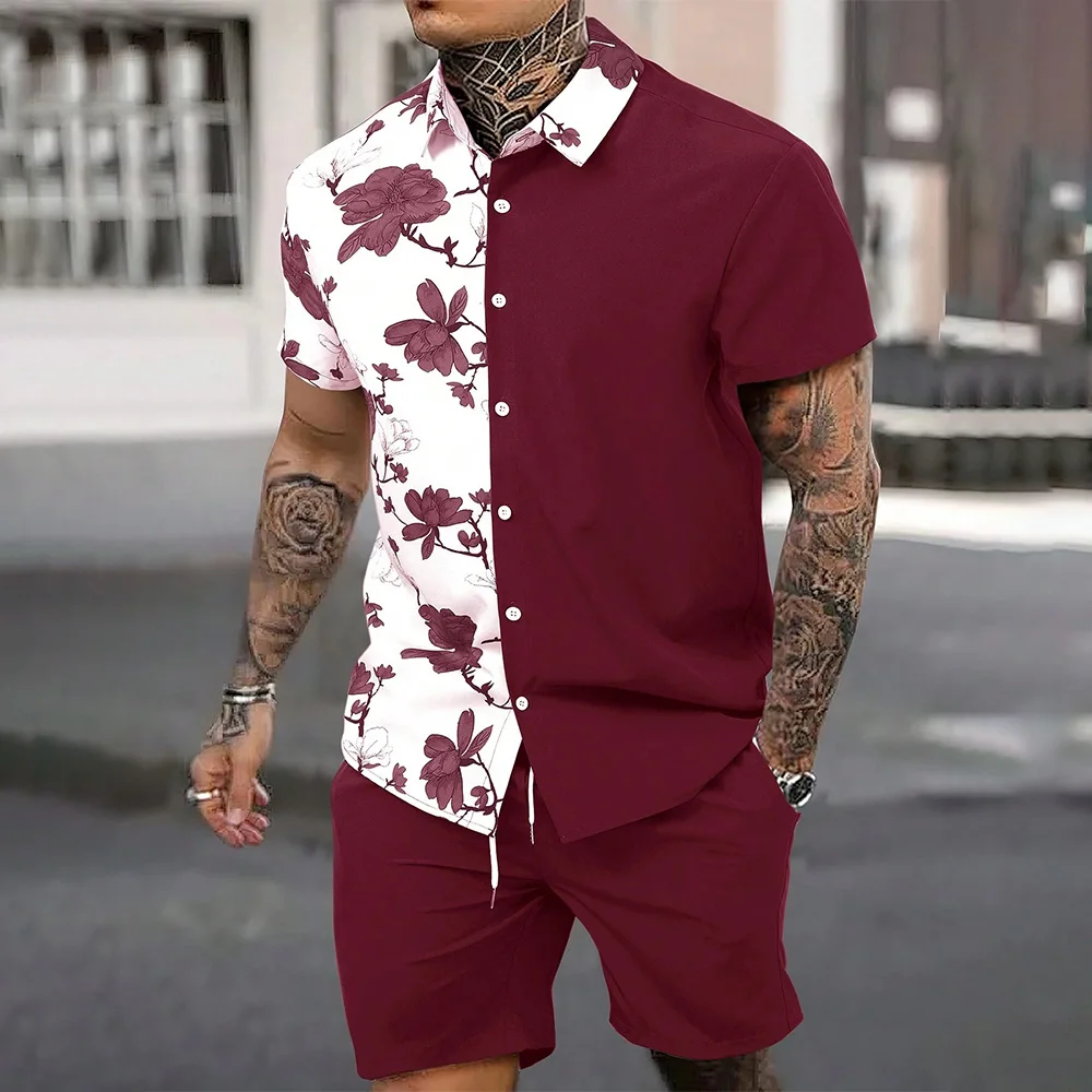 Men's 2 Piece Hawaiian Outfits Short Sleeve Button Down Shirts And Shorts Set Beach Tracksuits New Patchwork Colors Lapel Shirt