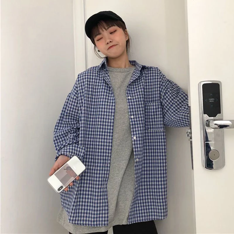 Rimocy Japanese Style Women\'s Plaid Shirt Long Sleeve Lapel Button-Up Loose Blouse Woman Harajuku Streetwear Oversize Shirts