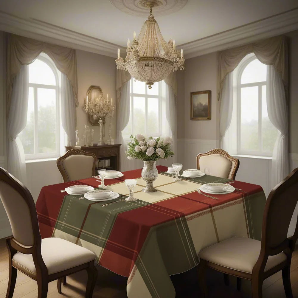 1pc Square Polyester Tablecloth - Check Pattern, Retro Color Scheme, Regular Arrangement, Textured Fabricxzj
