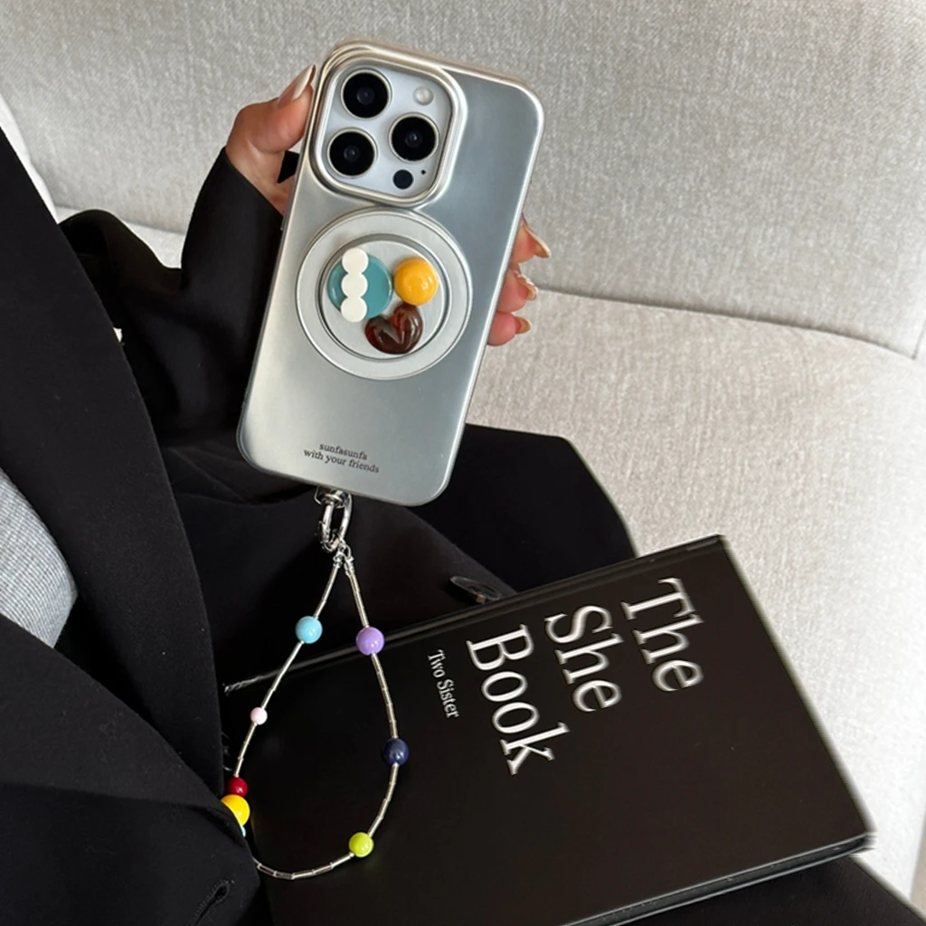

Retro Simple Silver Stereoscopic Geometry Gemstone With Holder Magnetic Lanyard Phone Cover Case for iPhone 16 15 14 13 Pro Max