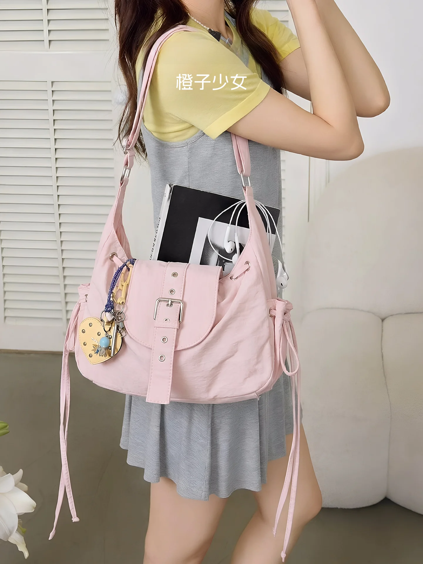 

Dopamine Orange Girl Sakura Pink Large Capacity Sporty Crossbody Tote Bag Women's Lightweight Shoulder Bag with Canvas Material