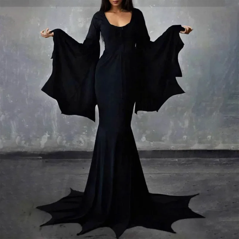 Halloween Witch Dark Costume Gothic Robe Adult Horror Witch Costume Morticia Addams Wednesday Train Floor Dress Women