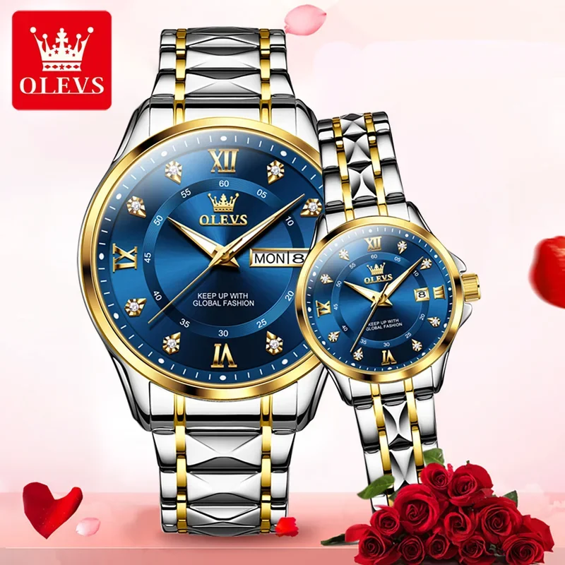 OLEVS 2906 relojes de pareja de cuarzo con fecha a la moda, reloj de lujo superior para hombres y mujeres, reloj de pulsera de acero inoxidable resistente al agua