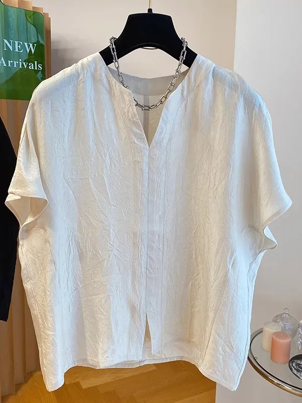 Retro V-ne ort Sve T-irt Women's Summer Loose Fit Texture Sensation Slimming Top Commute Sle Basic  Color