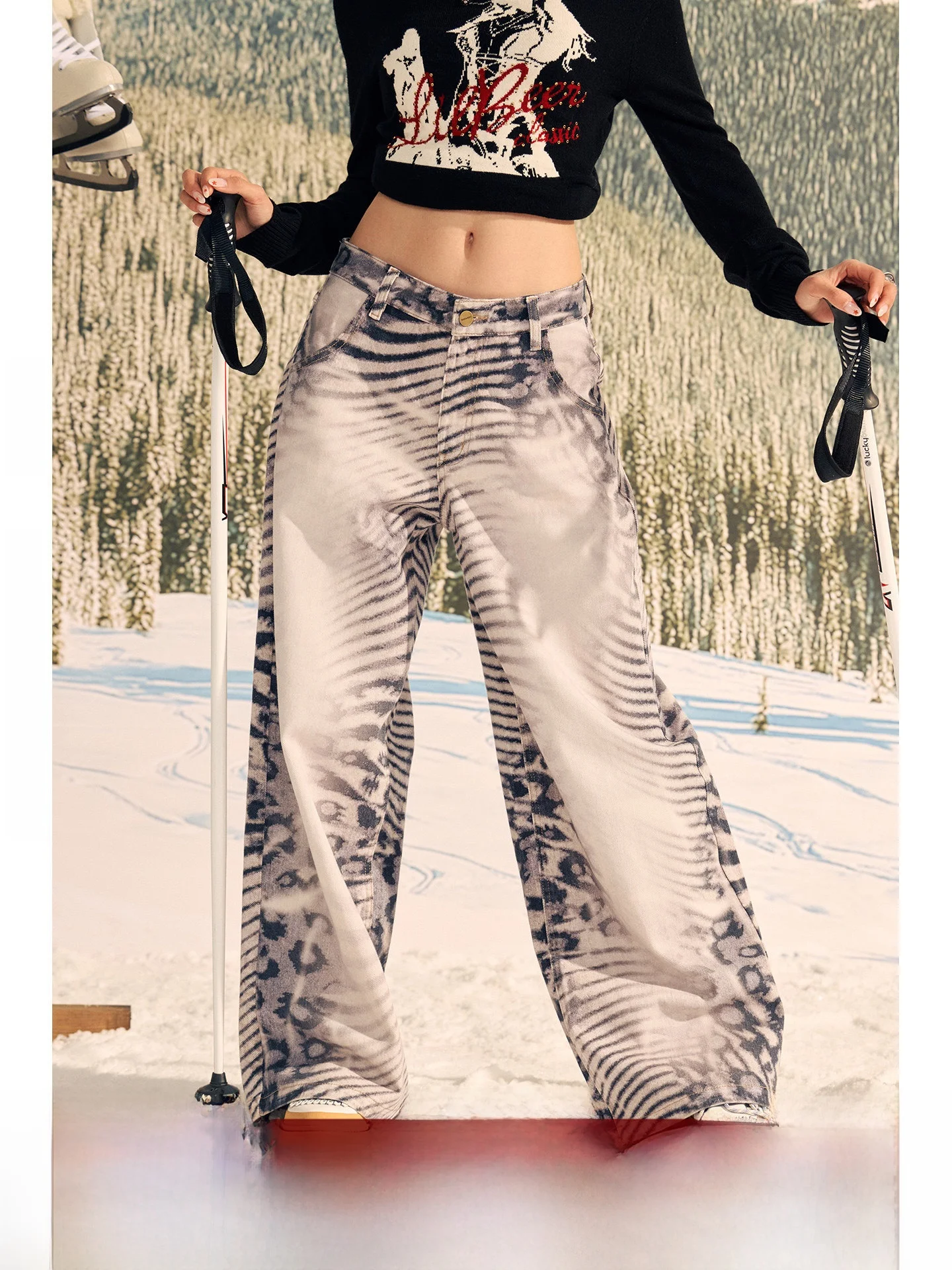 BeerBro Rebellious Competition Club Loose Straight Leg Cotton Casual Pants Vintage Washed Leopard Zebra Pattern Low Waist Zip...