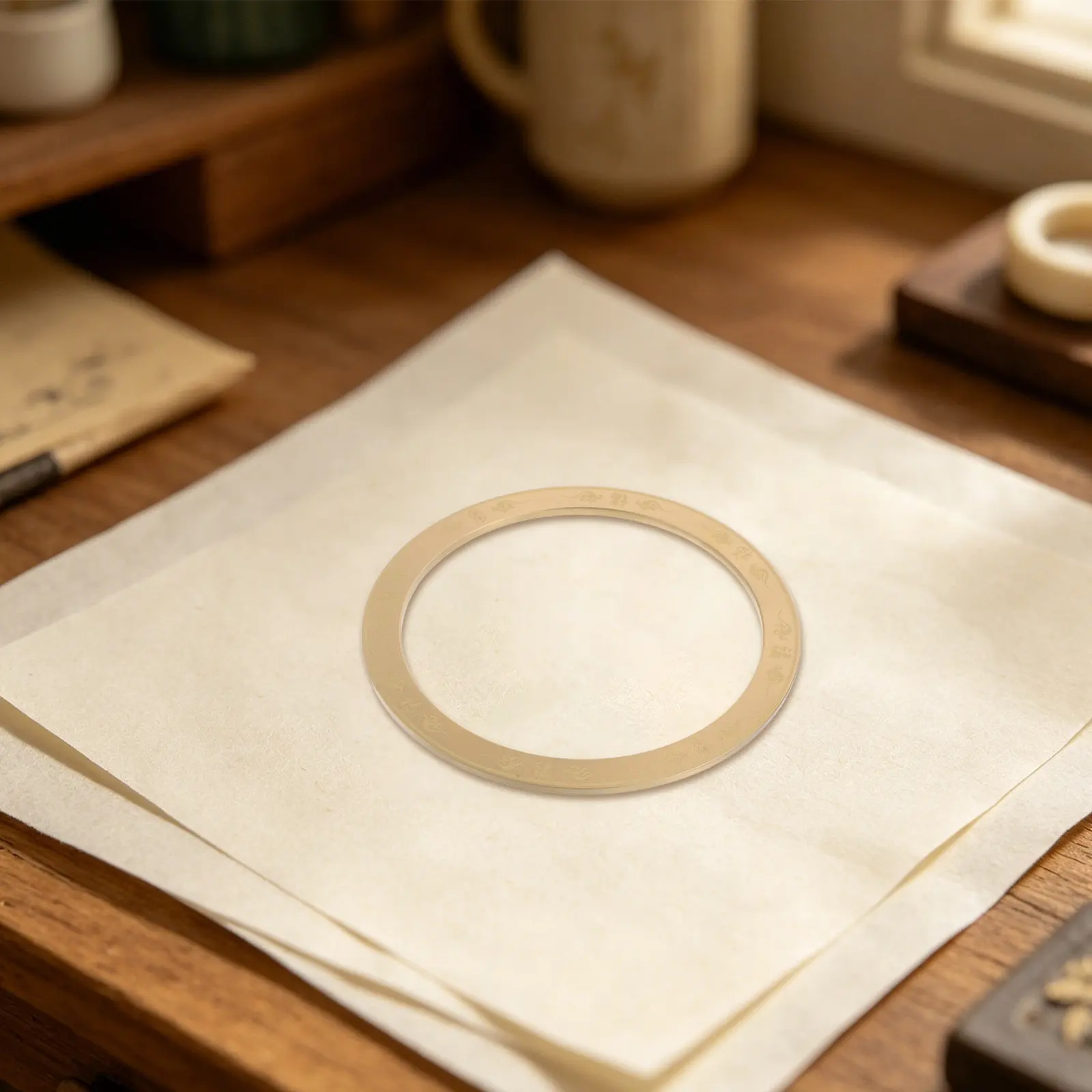 Vintage Brass Calligraphy Paperweight Heavy Ring Shaped Scroll Weight Flat Paper Weight Traditional Chinese Scholar Desk Decor