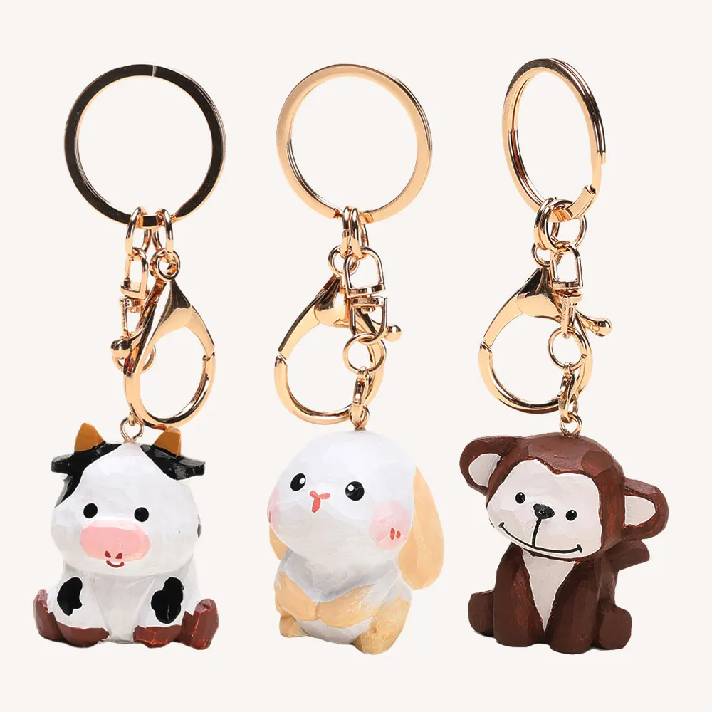 Hand‑Carved Wooden Animal Keychain, Cute Cow Big Ear Rabbit Monkey Bag Pendant, Solid Wood Handmade Key Ring, Creative Gift