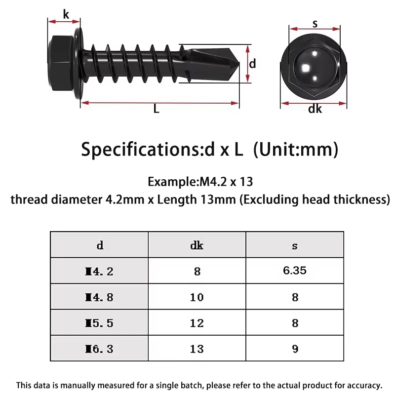 Black 410 Stainless Steel Hex Washer Head Outer Hex Hexagon Self Drilling Screws M4.2 M4.8 M5.5 M6.3 Drill Tail Screws 20/50pcs