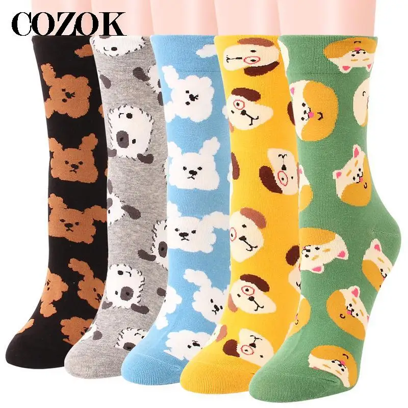 5 Pairs Womens Cartoon Socks Solid Color Shiba Inu Beagle Pug Pattern Cotton Sock Women's Ladies Color Puzzle Happy Socks Female