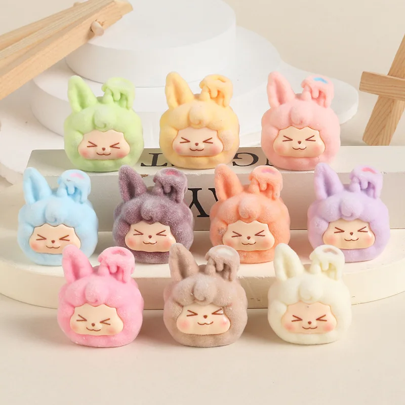 Mini Solid Color Flocked Rabbit Sauce Heart Rabbit Head Kiki Cute Grain Diy Accessories Resin Trendy Desktop Creative Ornaments