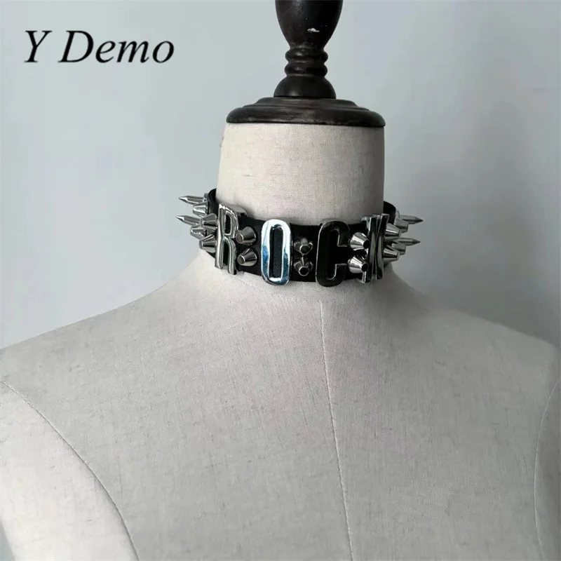 

Y Demo Punk Metal Letters Rivets Necklace Rock Adjustable Pu Leather Choker Neck Accessory