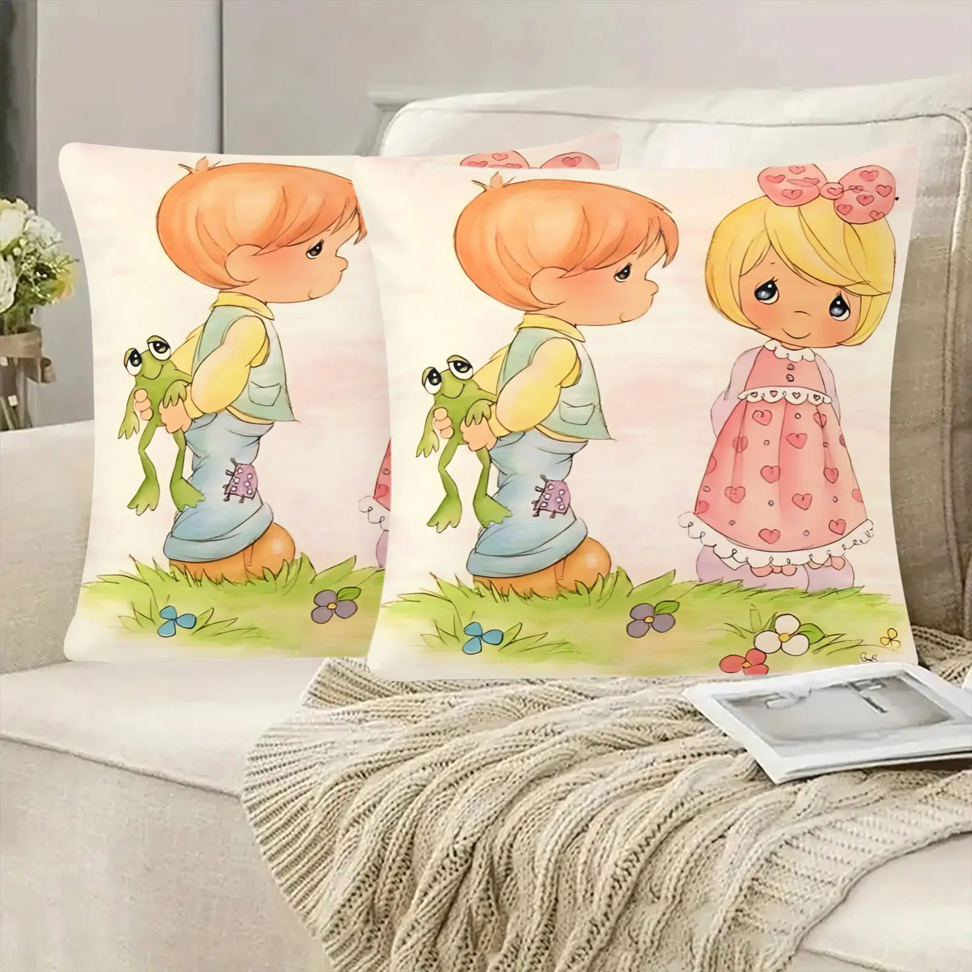 2Pcs Precious Moments Cartoon Pillowcase Set, Zippered Machine Washable Cushion Cover for Sofa Bed Patio Outdoor Home Decor