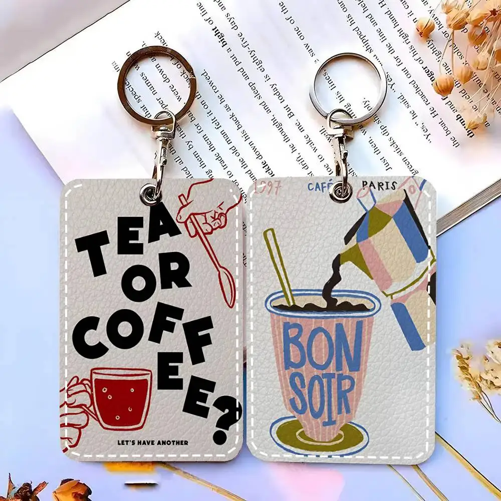 1pc Coffee Shop Afternoon Tea Card Case Keychain Access Card Bag Key Tag Ring Leather Card Holder Key Ring Access