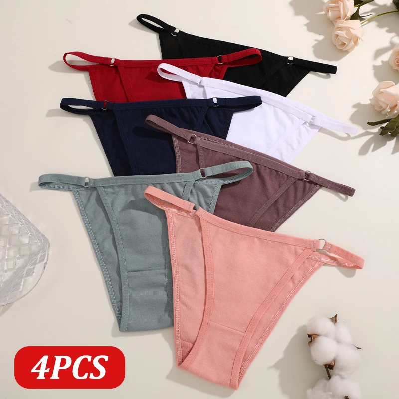 4PCS frauen Baumwolle Anpassen-strap Brasilianische Hosen Sexy Low Rise Elastische Bikini Unterhose Weibliche Einfarbig Atmungsaktive dessous