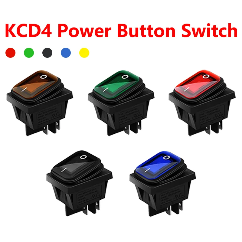 5PCS KCD4 Waterproof And Oil Proof Latching Switch Four Feet ON OFF Red Green With Lights 4PIN Rocker Power Switch LED 12V 220V