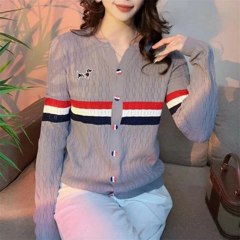 

Loose New Striped Contrast Sweater Cardigan Women Fashion Puppy Embroidered Long Sleeve Knitwear Bottoming Coat Knitting Jacket