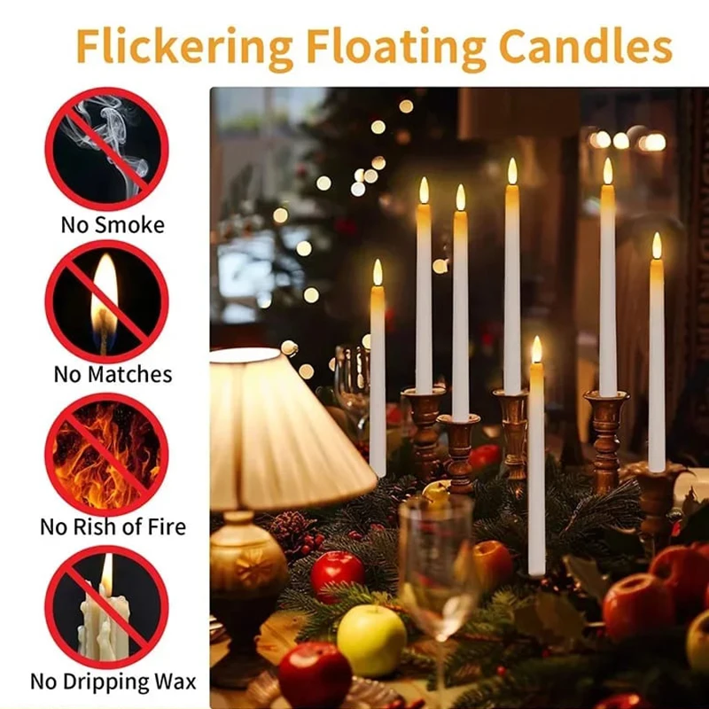 8/12pcs Flameless Taper Candle Lights Floating Candles with Magic Wand Remote Long-lasting Battery Operated Candle Lights