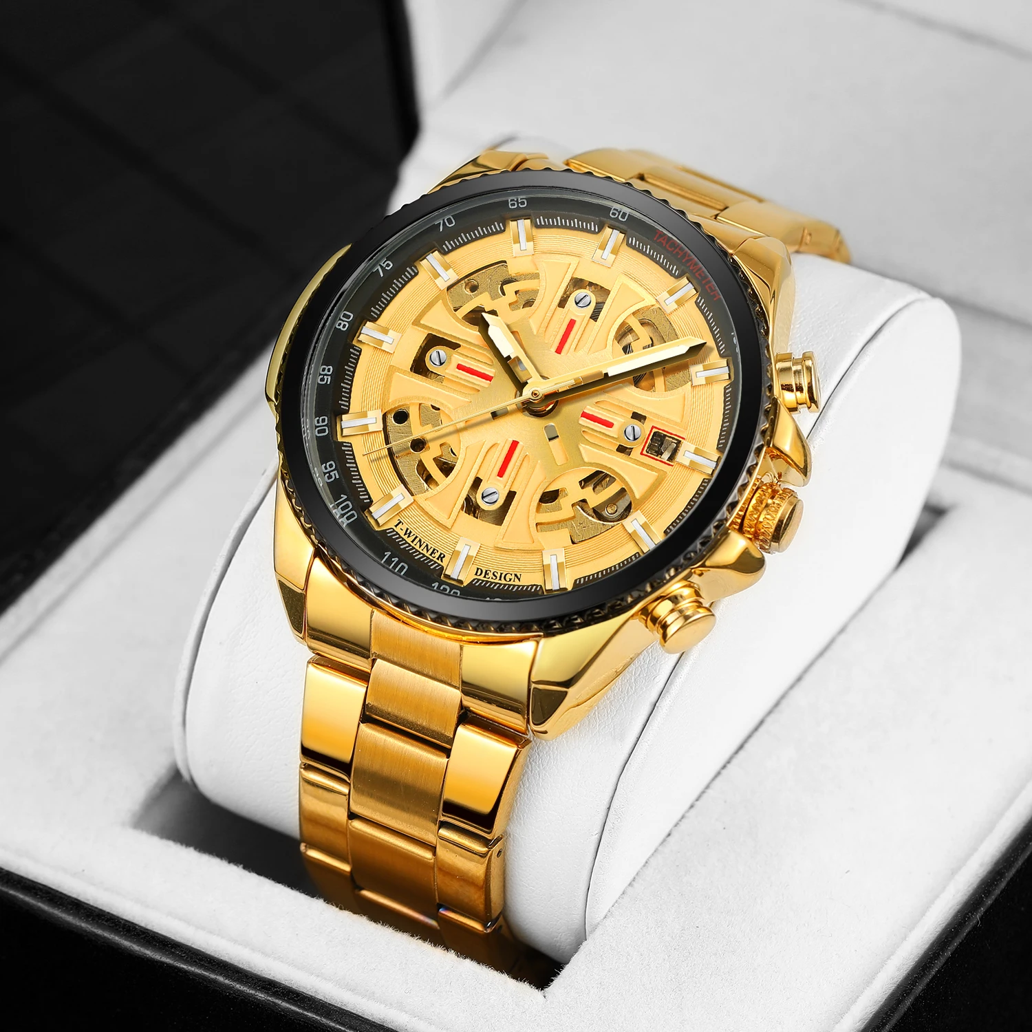 

Luxury Brand New Arrival Golden Tone Case Skeleton Automatic Self Wind Mechanical Men's Watch Stainless Steel Strap Nice Gift