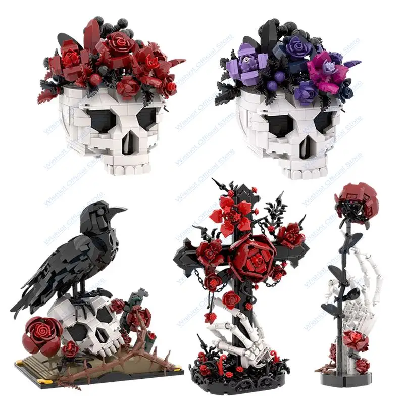 

Букет из черепов и роз, готические строительные блоки, модель в виде вороны и цветов, конструктор, игрушки, декор для дома, креативный подарок для взрослых