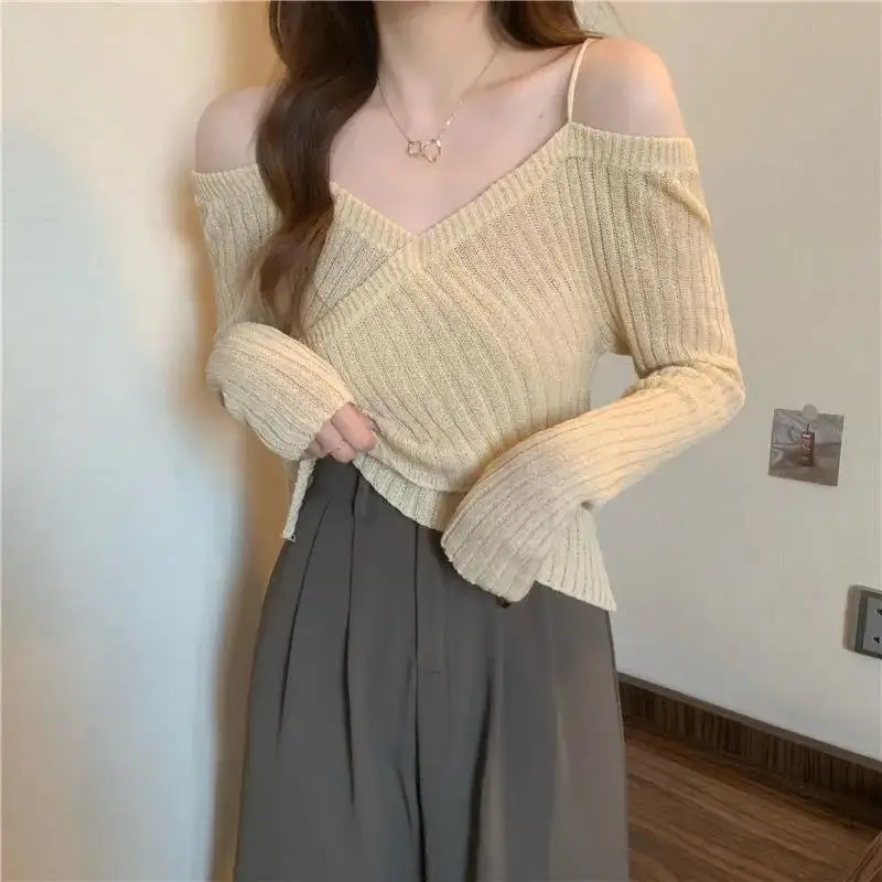 

Pullovers Women Off Shoulder Autumn Criss-cross Temper Cropped Knitwear Sexy European Hipster Elegant Designer Свитер V-neck Ins