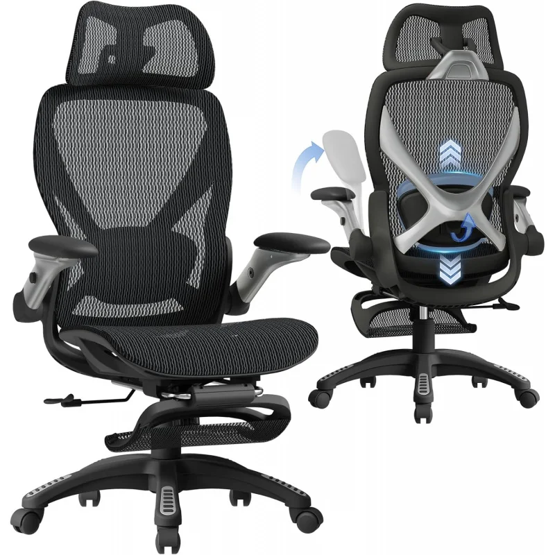 

Ergonomic Mesh Office Chair with Footrest, Big and Tall Hone Desk Chair with 5D Flip-Up Arms, Adjustable 3D Lumbar Support