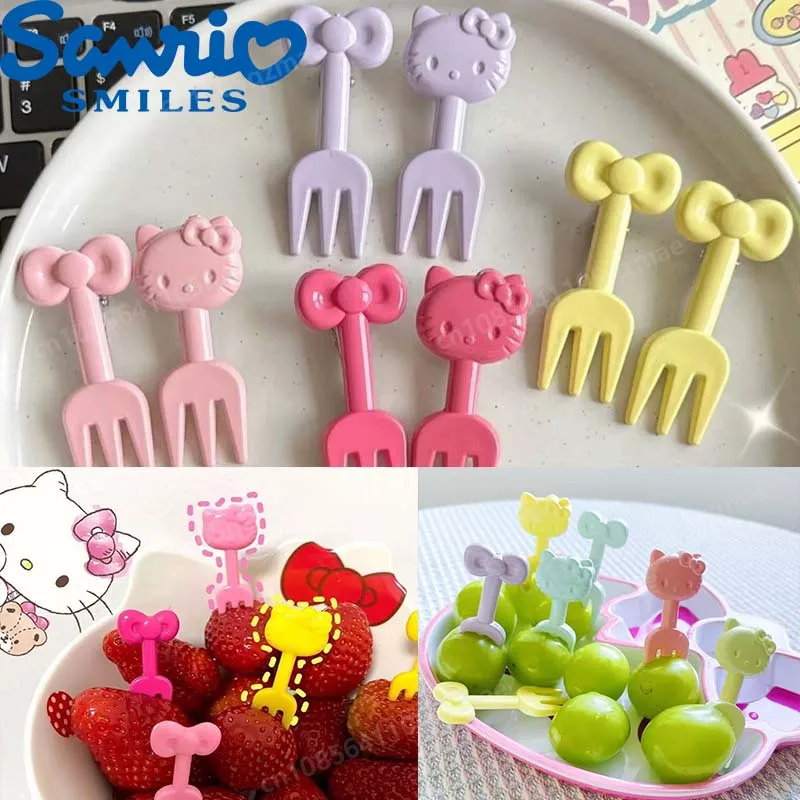 10 ชิ้น/เซ็ต Hello Kitty สร้างสรรค์ส้อมผลไม้ Bowknot สีสันทิ้งผลไม้น่ารักส้อมขนมรูปการ์ตูน Party Supplies ของขวัญ