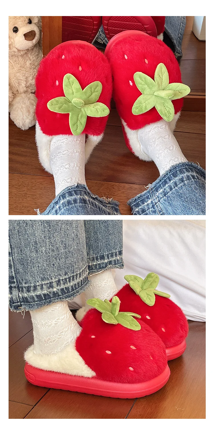 Niedliche Erdbeer-Baumwollpantoffeln für Damen, Winter, Indoor, warm, mit Plüsch überzogen, dicker Boden, rutschfest, Outdoor-Mattenpantoffeln – Detail 6