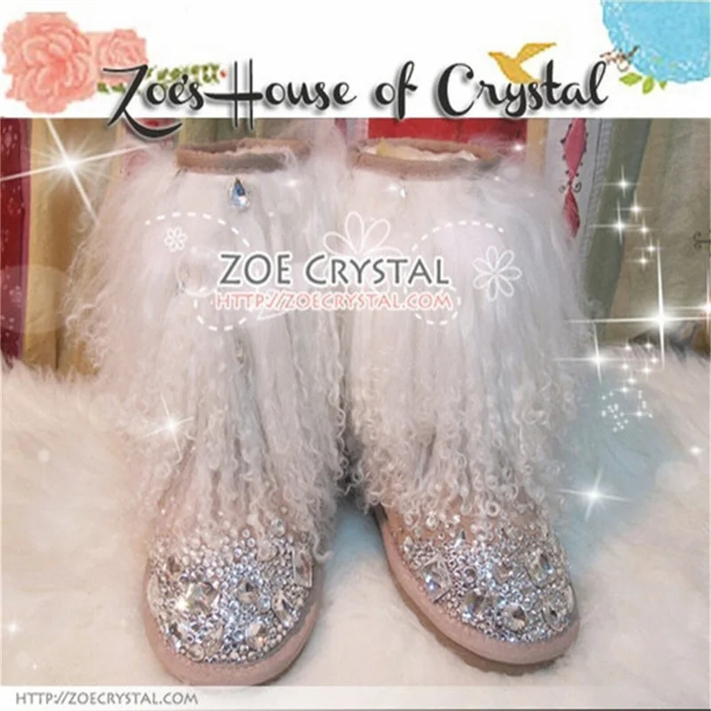 Luxury rhinestone sequins custom beach wool mid-tube fur all-in-one large size women's warm cotton shoes snow boots 35-44