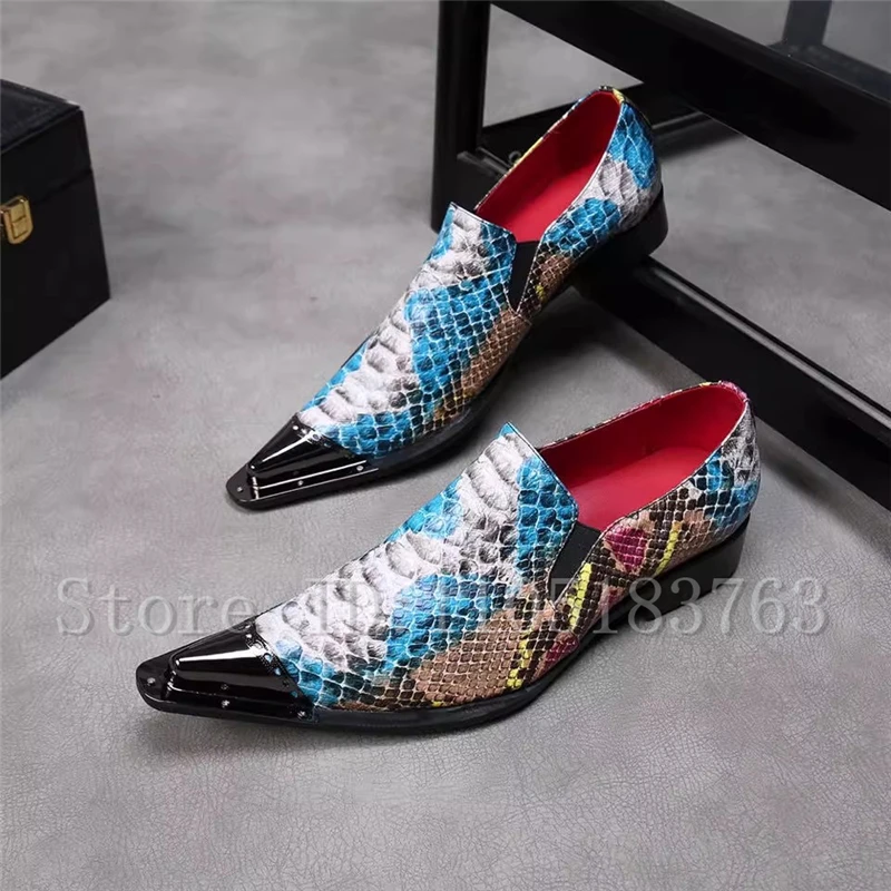Mixed Color Snake Pattern Men Shoes Luxury Design Metal Pointed Toe Slip On Oxford Loafers Casual Party Dress Shoes