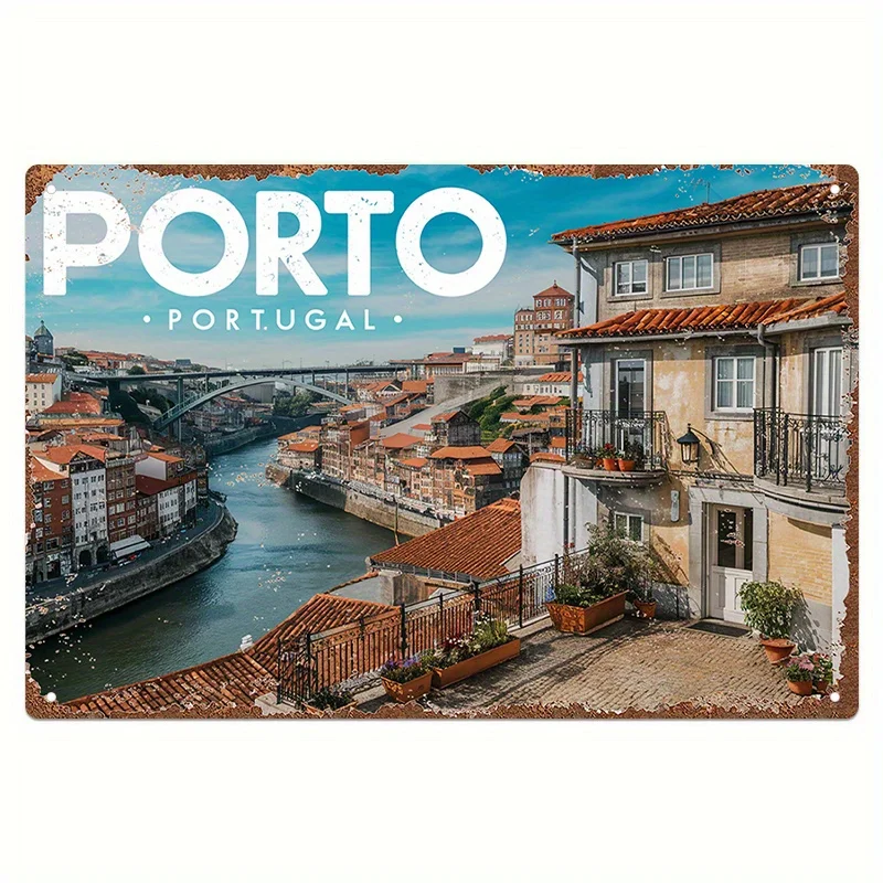 Vintage Porto Stadtbild Metallwandkunst – Portugal Riverside Architecture Dekor – Robustes Eisenschild – Einfache Installation mit P