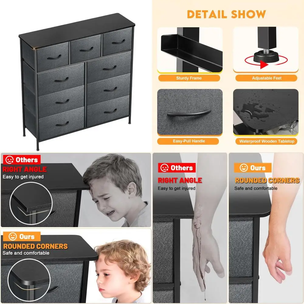 

Curved Bedroom Dresser with Chest of Drawers, 9-Cube Storage Organizer, Fabric Bin Black Dresser, Grey and Charcoal Kids' Room F