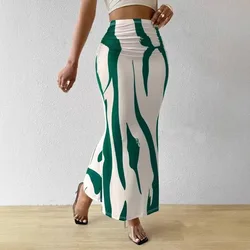 Dressy Casual Graphic Zebra Print Pleated Long Skirts Women Autumn Fashion Elastic High Waist Geometry Midi Skirt Streetwear
