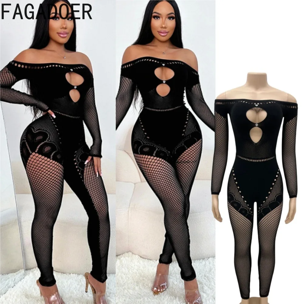 

FAGADOER High Quality Mesh Stretchy Knitted Sexy Jumpsuit Women Hollow Out See Through Patchwork Bodycon Overalls Streetwear New