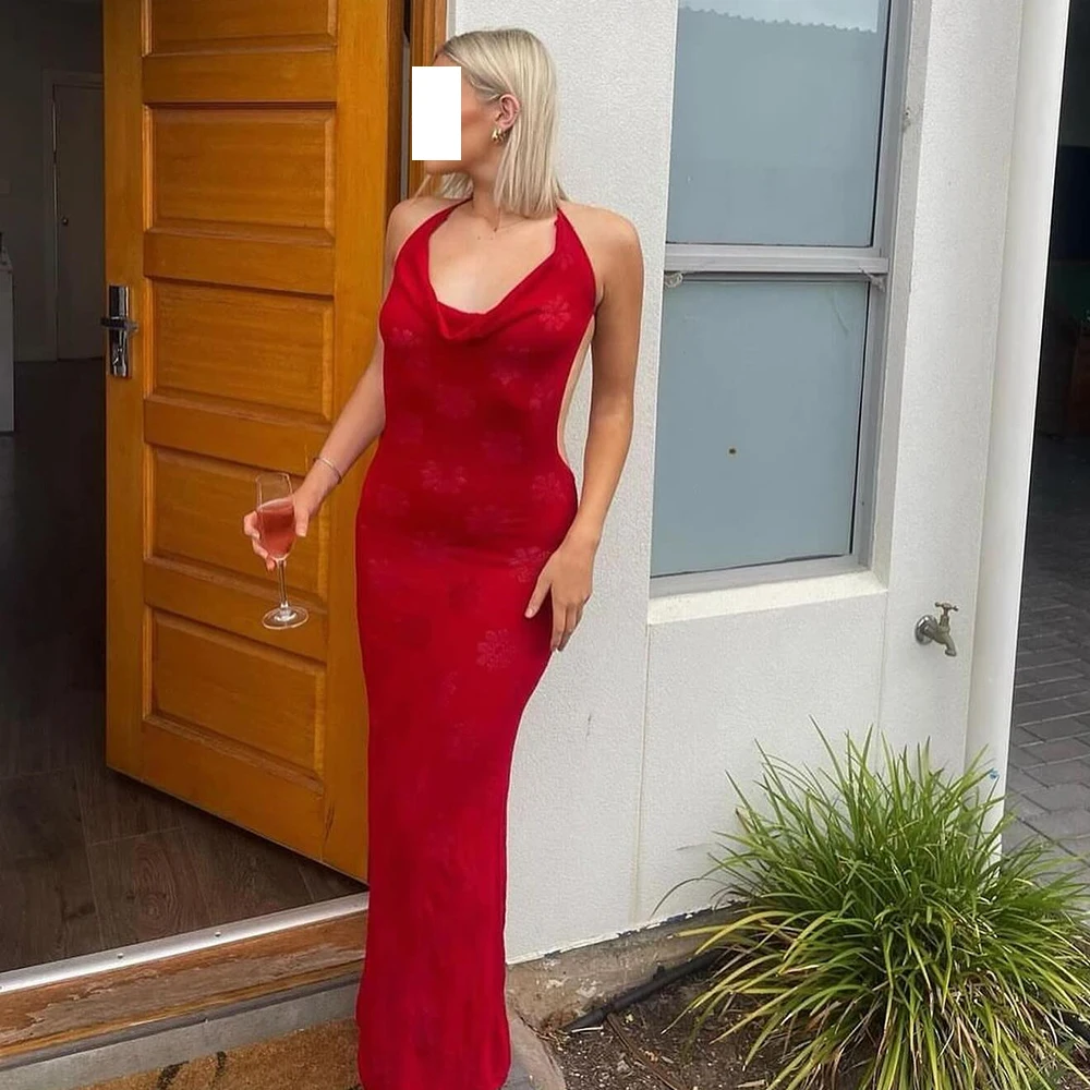 

Red Modern Mermaid pleats Flowers Open Back Evening Dress Classic Floor Length Halter Jersey Sleeveless Special Occasion Gowns