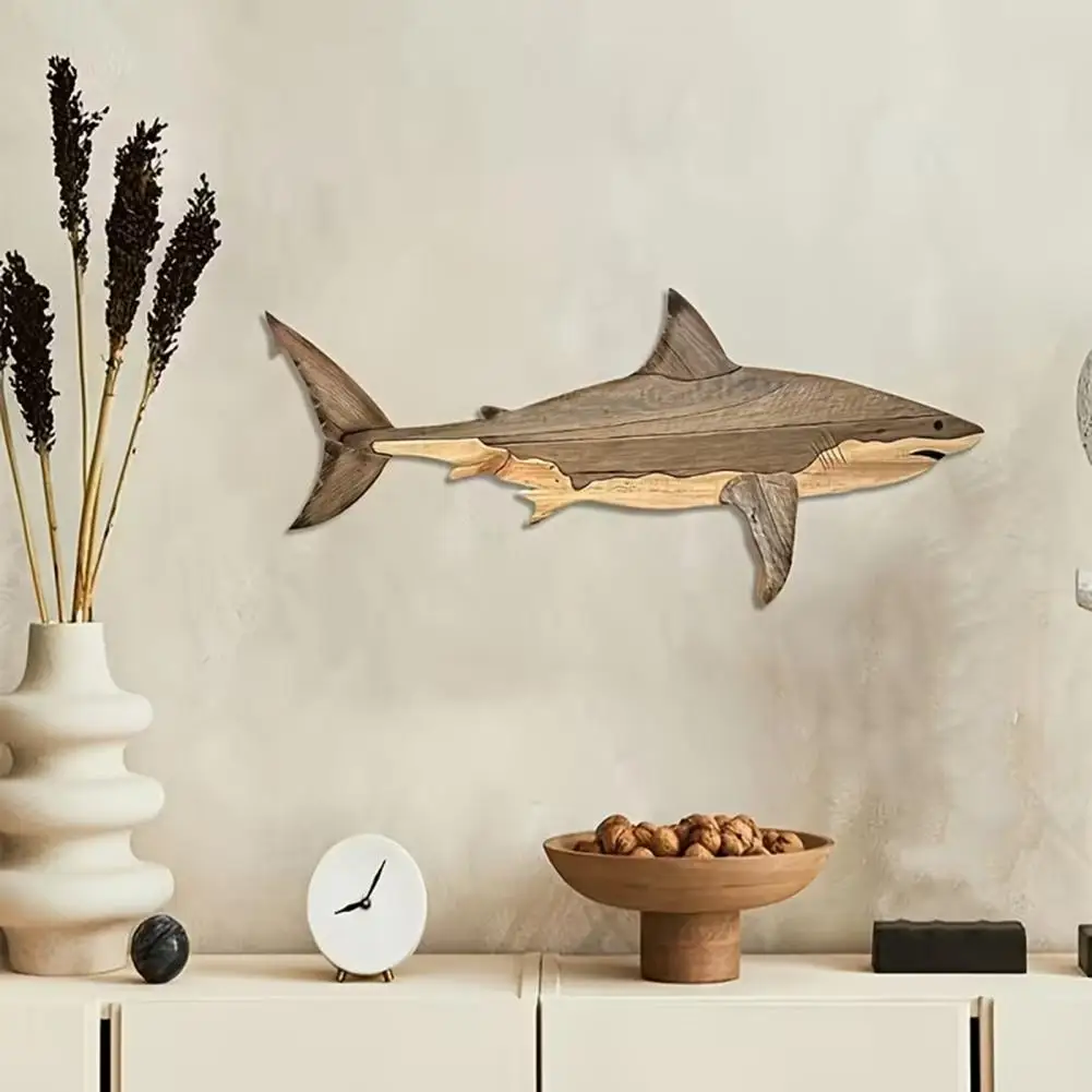 

Weathered Wood Wall Art Rustic Shark Statue Ocean Coastal Fish Wall Hanging Sculpture for Bedroom Living Room