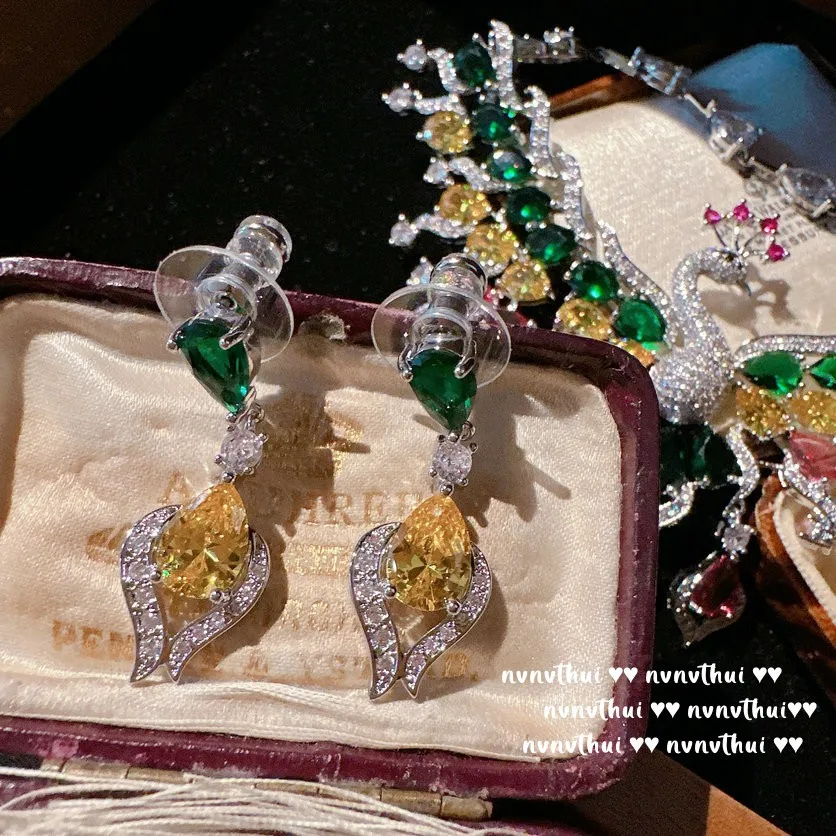 Luxury 925 Silver Jewelry Set Sparkling Zircon Elegant Multicolour Peacock Necklace Earring Women Wedding Banquet Jewelry Set