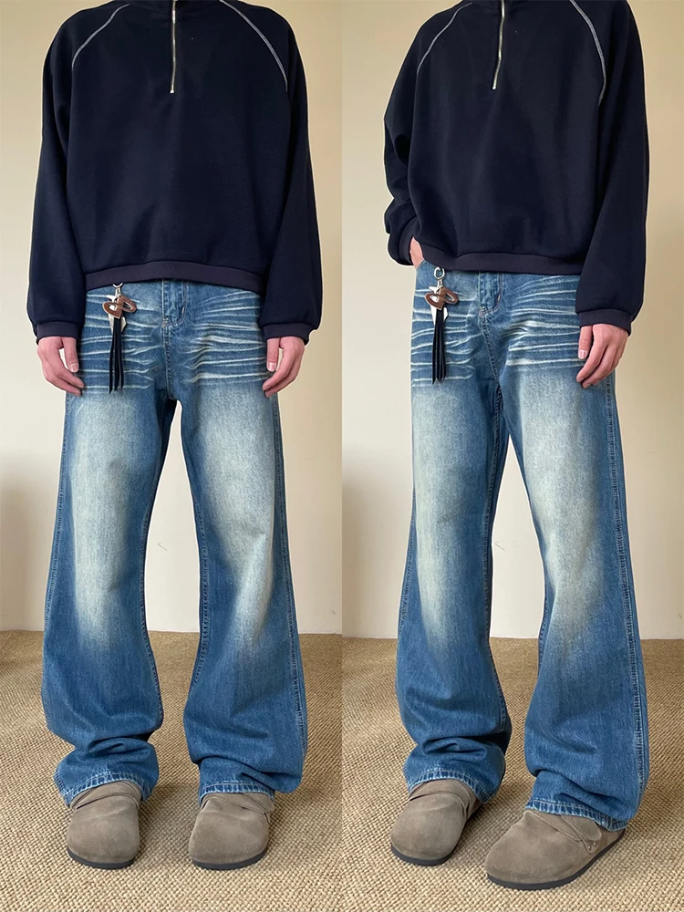 

Blue Straight Leg Men's Jeans Extended Length Tall Size Spring High Street Faion Long Pants Youth Trendy Classic Fit