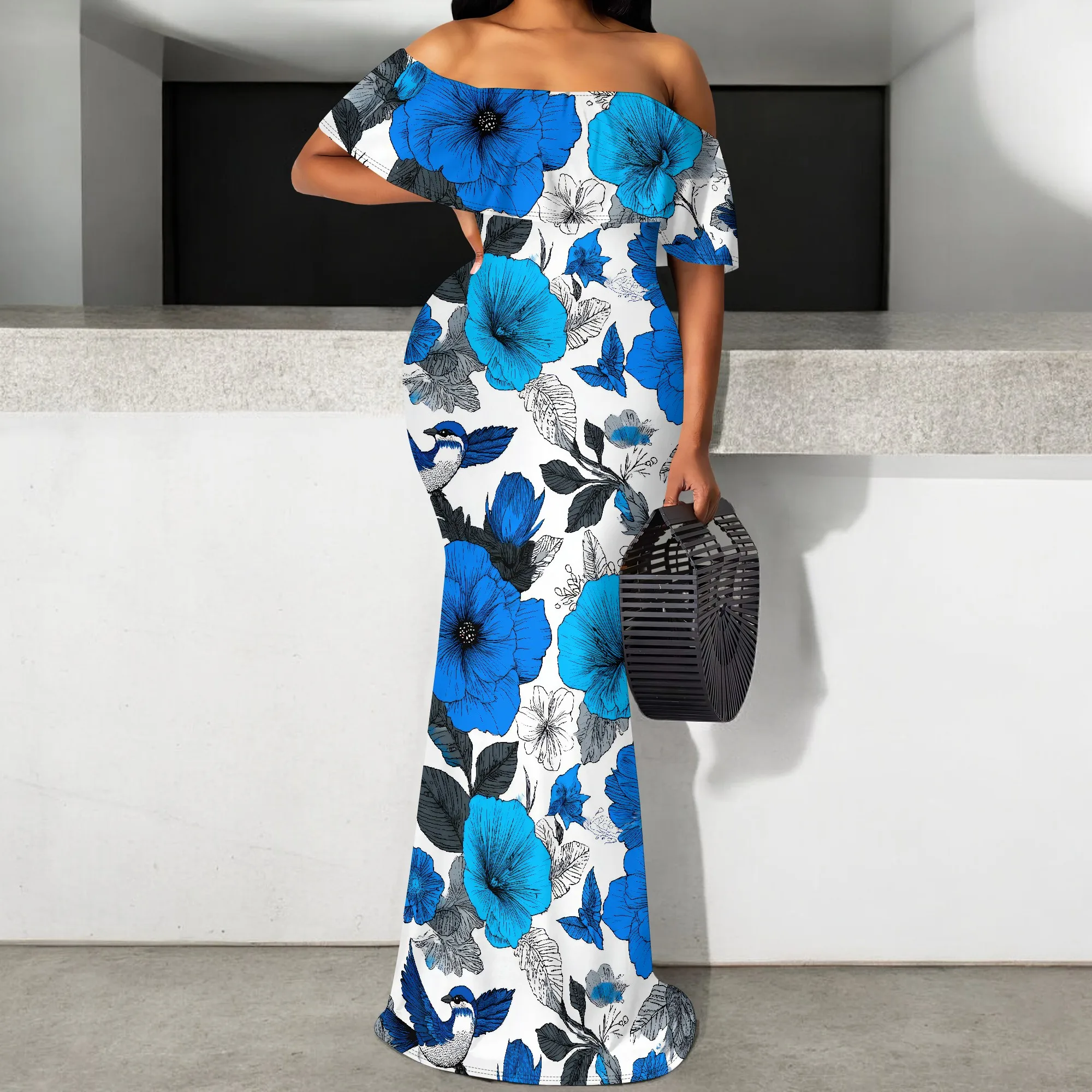 ผู้หญิงเซ็กซี่ฤดูร้อนปิดไหล่ Maxi ชุดดอกไม้ Ruffle ชุดราตรียาวชุด