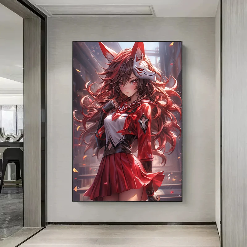 ملصقات ومطبوعات أنيمي يابانية حديثة ، قناع الثعلب ، فتاة لطيفة ، طباعة ، فن جداري ، صورة لغرفة المعيشة ، ديكور المنزل ، كاواي