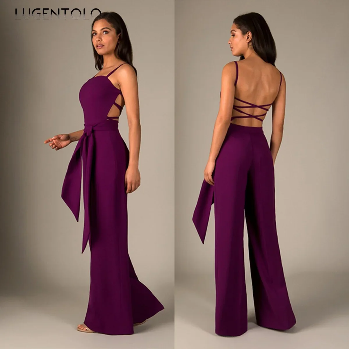 Sexy Jumpsuit Dames Temperament Mouwloos Backless Effen Dames Feest Nachtclub Lange wijde broek Lugentolo