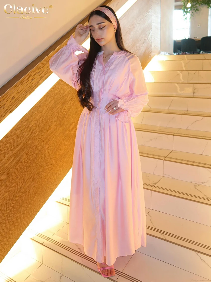 

Clacive Fashion Loose Pink Women Dress 2026 Autumn V-Neck Long Sleeve Ankle Length Dresses Elegant Classic Pleated Female Dress