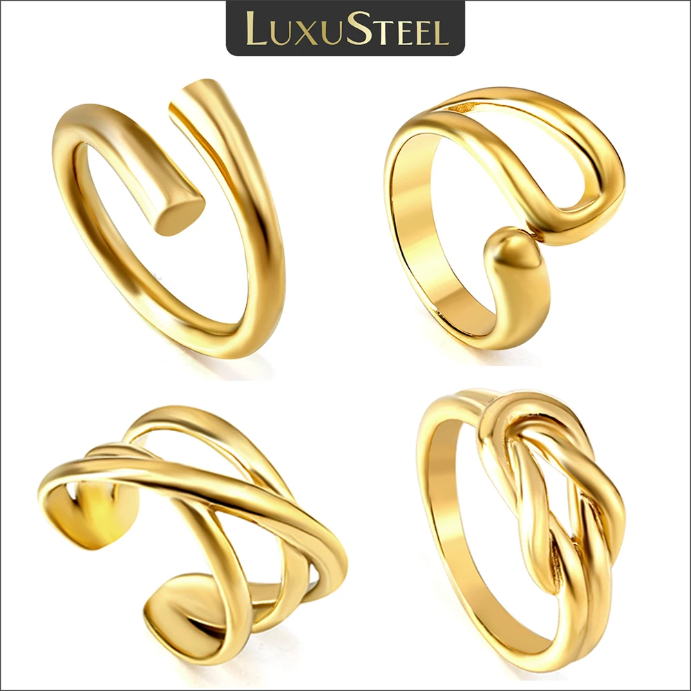 LUXUSTEEL Luxury Geometric Rings For Women Korean Style Golden Color Circle Open Rings Party Wedding Y2K Nail Jewelry Size 6-9