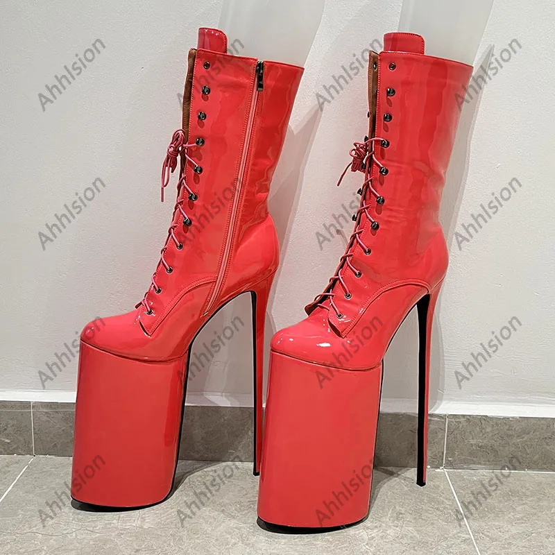 Ahhlsion New Women Winter Mid Calf Boots Ultra High Heels Round Toe Beautiful Pink Red Cosplay Shoes Ladies US Plus Size 7-15