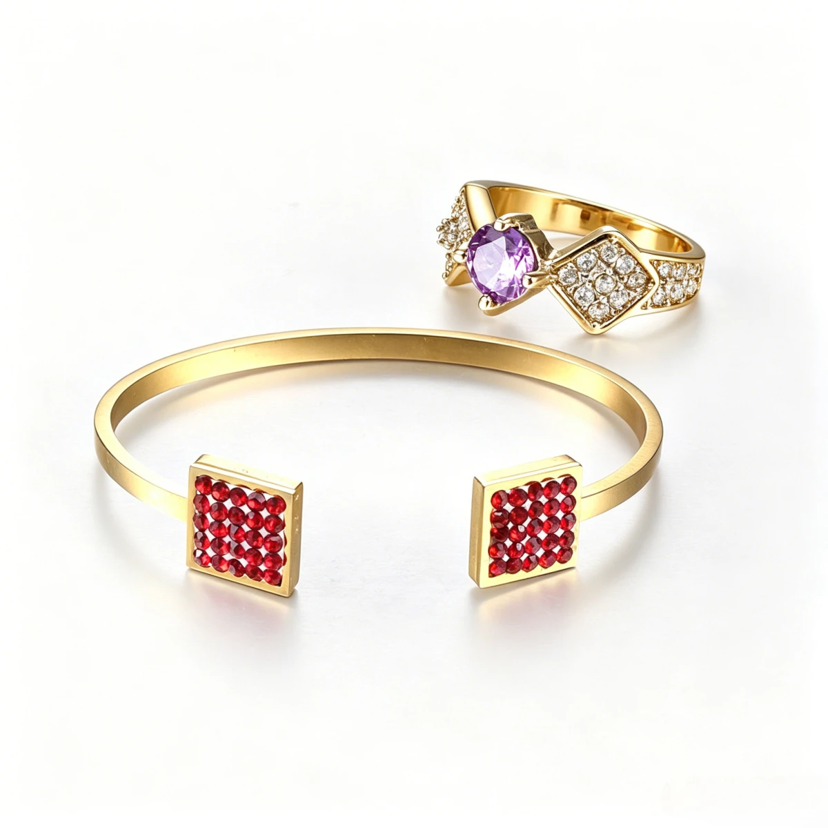 

Women's Gold Plated Stainless Steel Jewelry Set, Purple & Red Zircon Ring & Cuff Bangle, Elegant Fashion Accessories