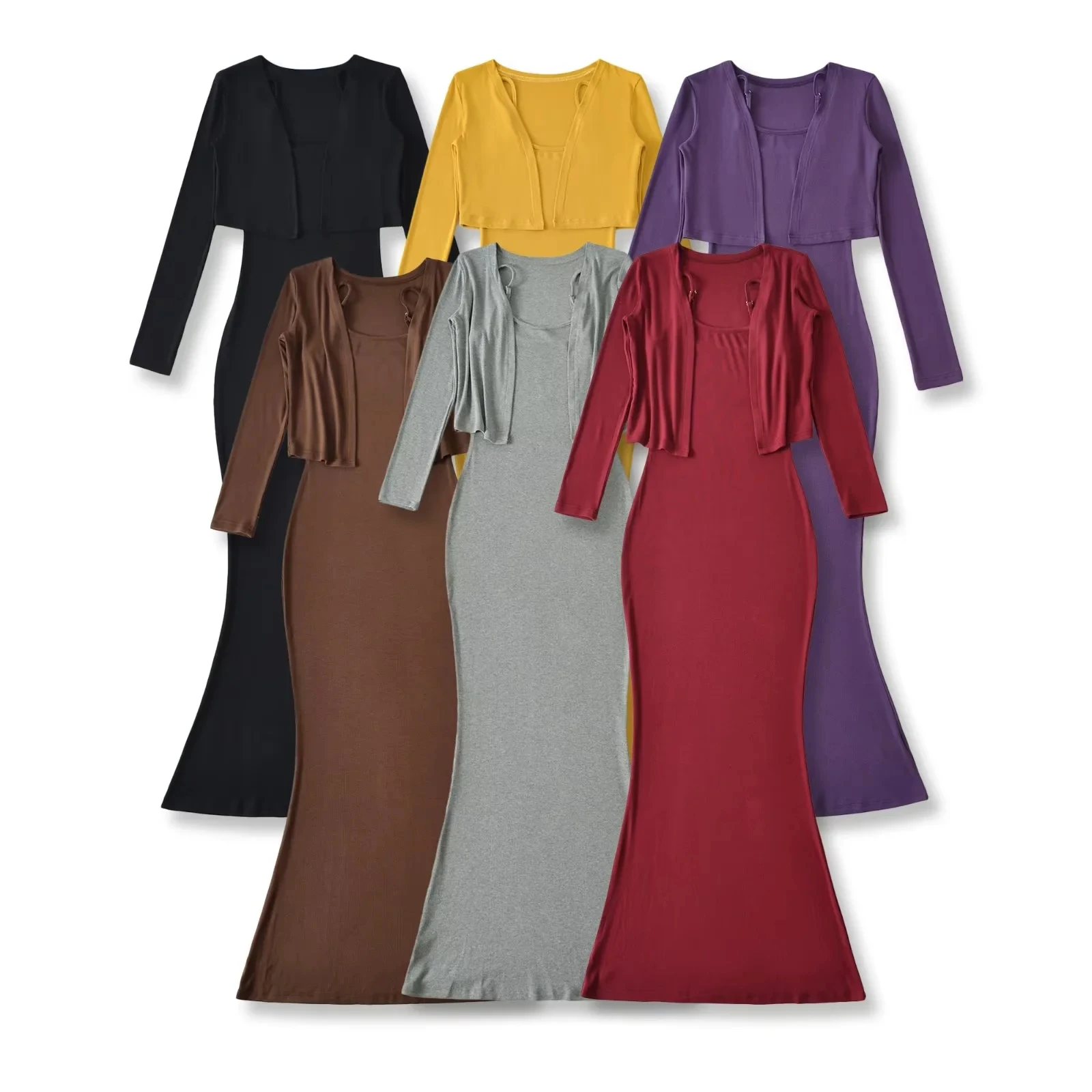 2025 femmes Long Sve ouvert Cardigan t-shirt ort Sle vêtements d'extérieur avec élastique coupe ajustée jupe portefeuille deux pièces ensemble