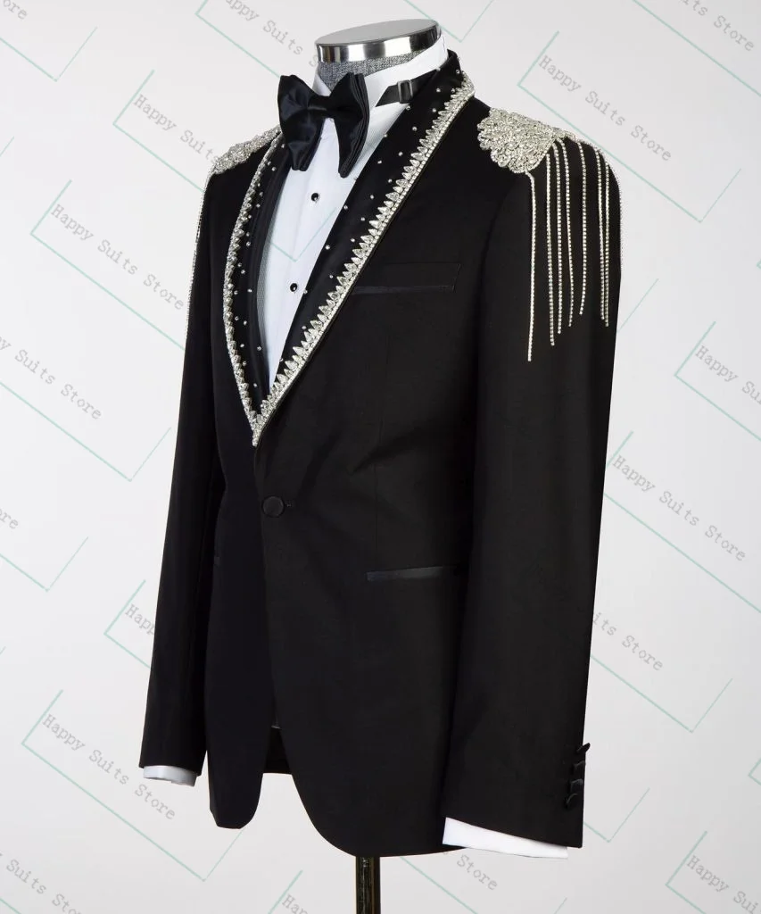 Черный мужской костюм со стразами, комплект брюк