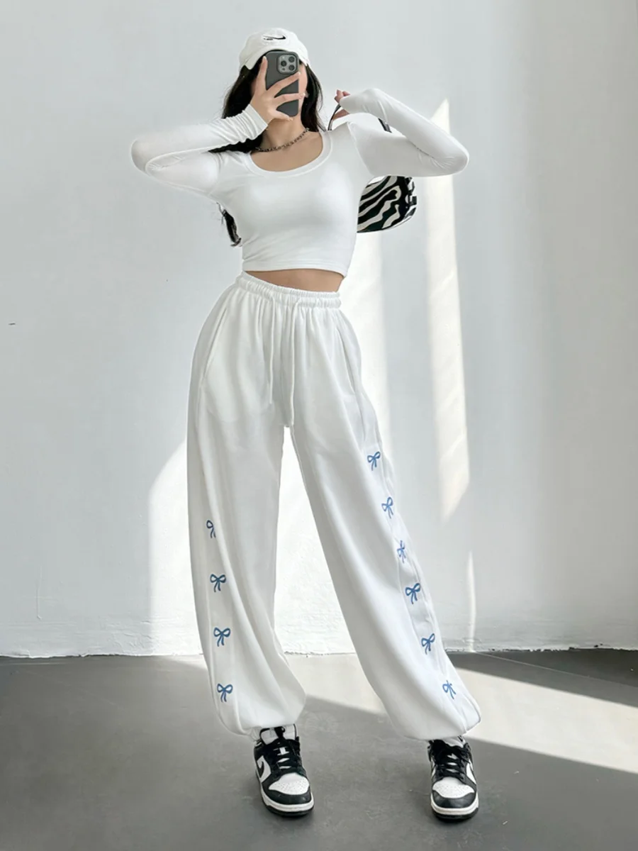 

Street Style Loose Fit Sports Pants White Knot Print Sexy Girl Wide Leg High Waist Long Cotton Blend Casual Trousers